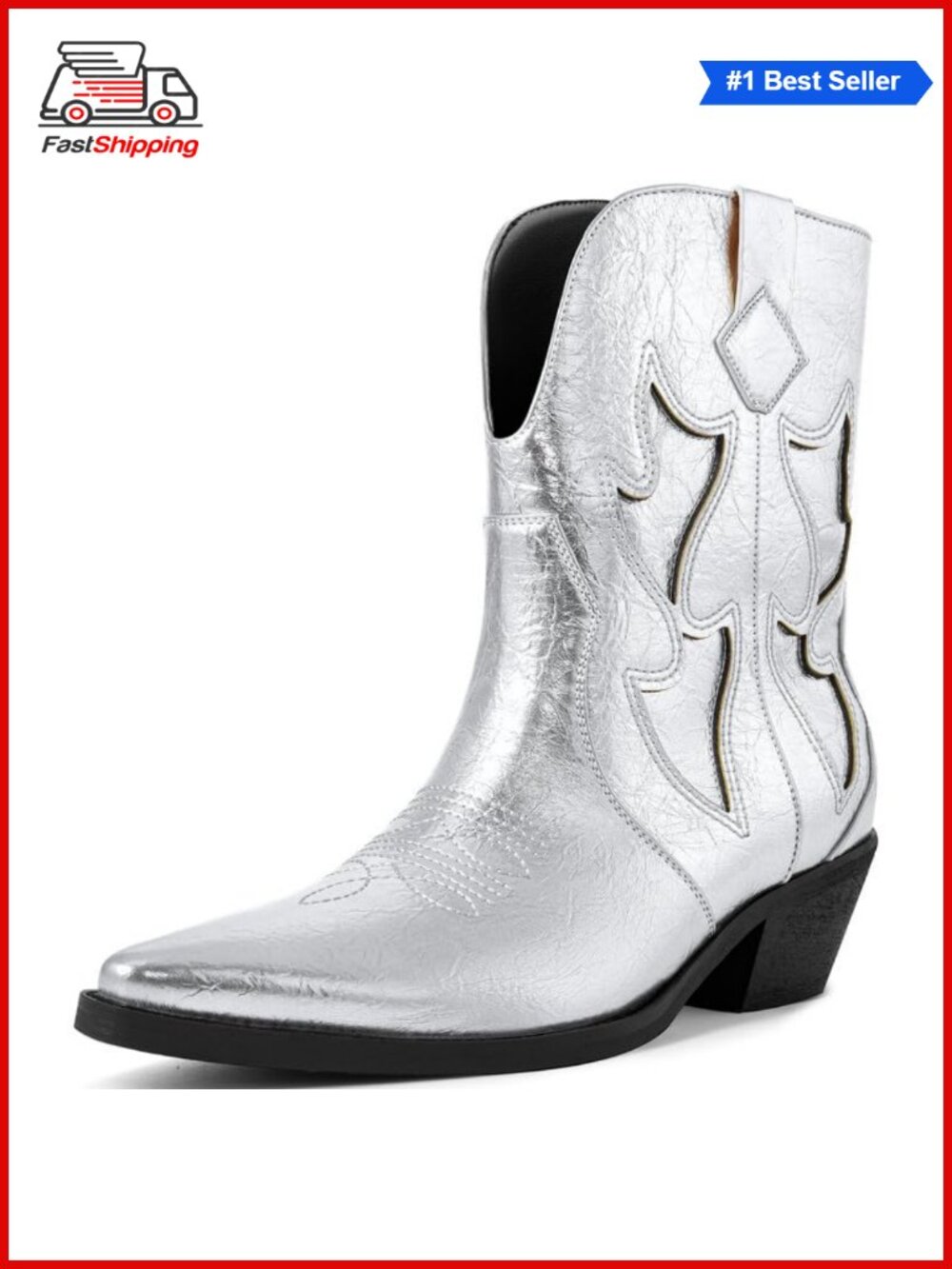 Metallic Embroidered Cowboy Boots Pointed Toe Pull On Chunky Heel Western